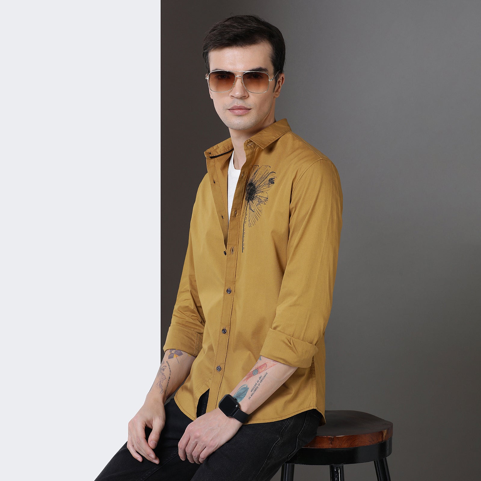 Mustard Color With Black Print Full Sleeve Shirt