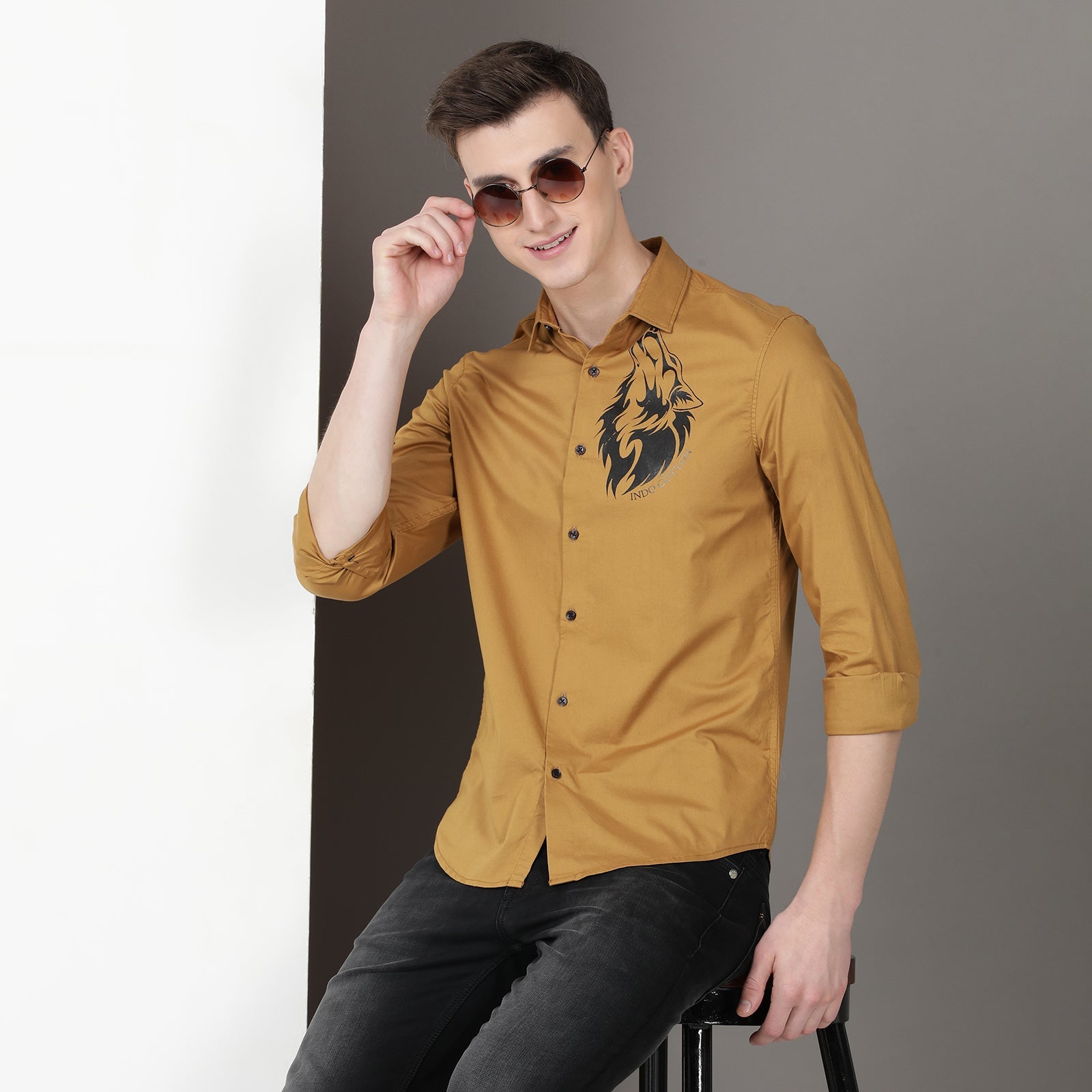 Mustard Colour With Black Full Sleeve Printed Shirt