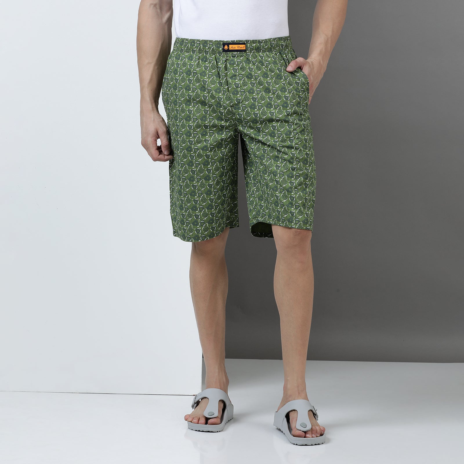 Green Cotton Printed Long Thigh Shorts