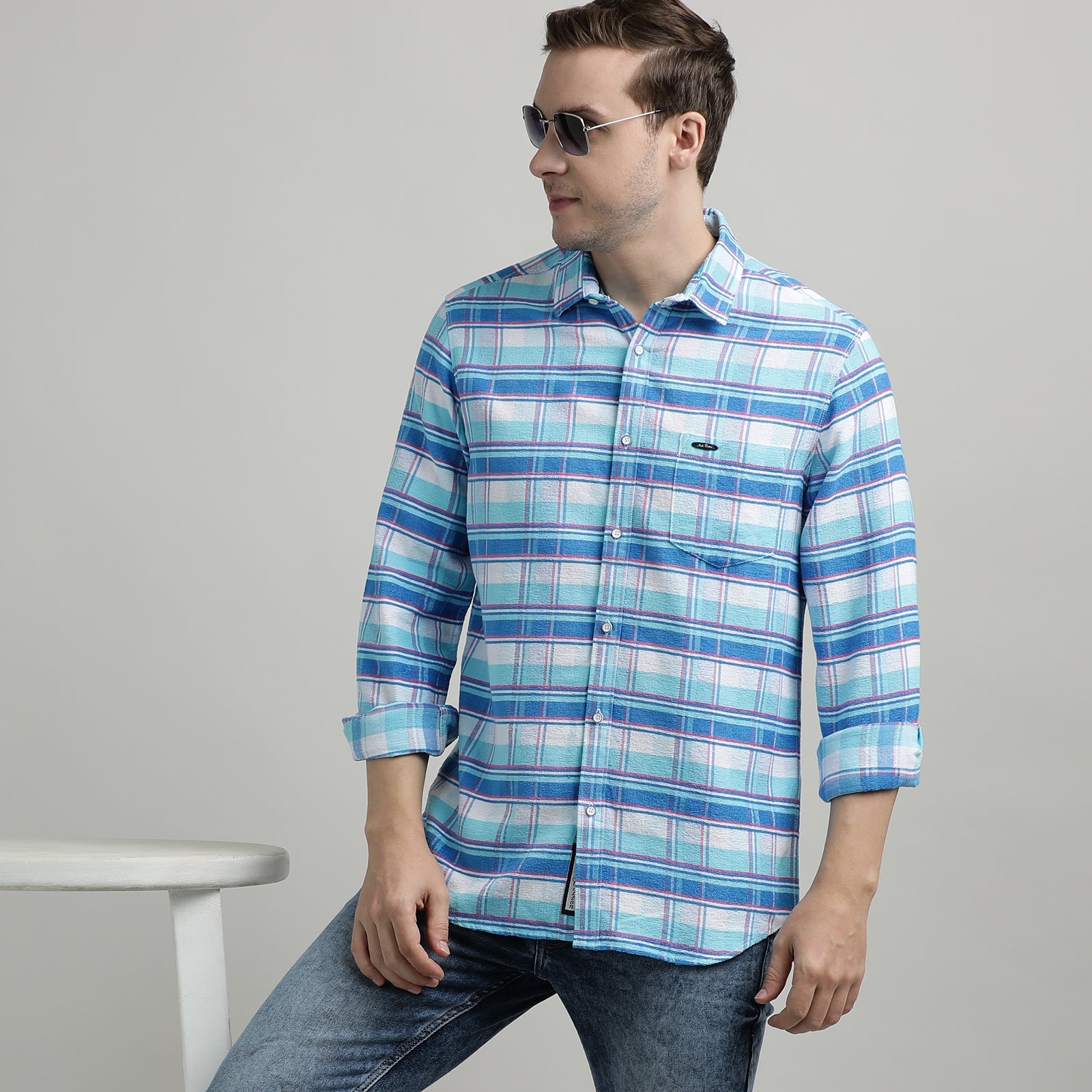 Aqua Blue And White Checks Full Sleeve Shirt