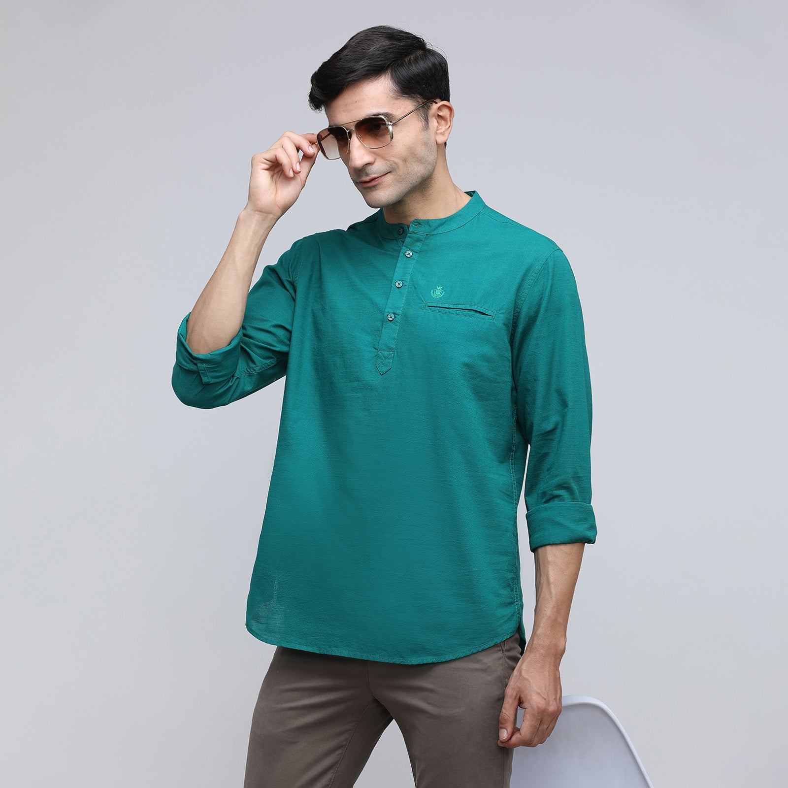 Indo cotton Men's Solid Half Sleeve Kurthi