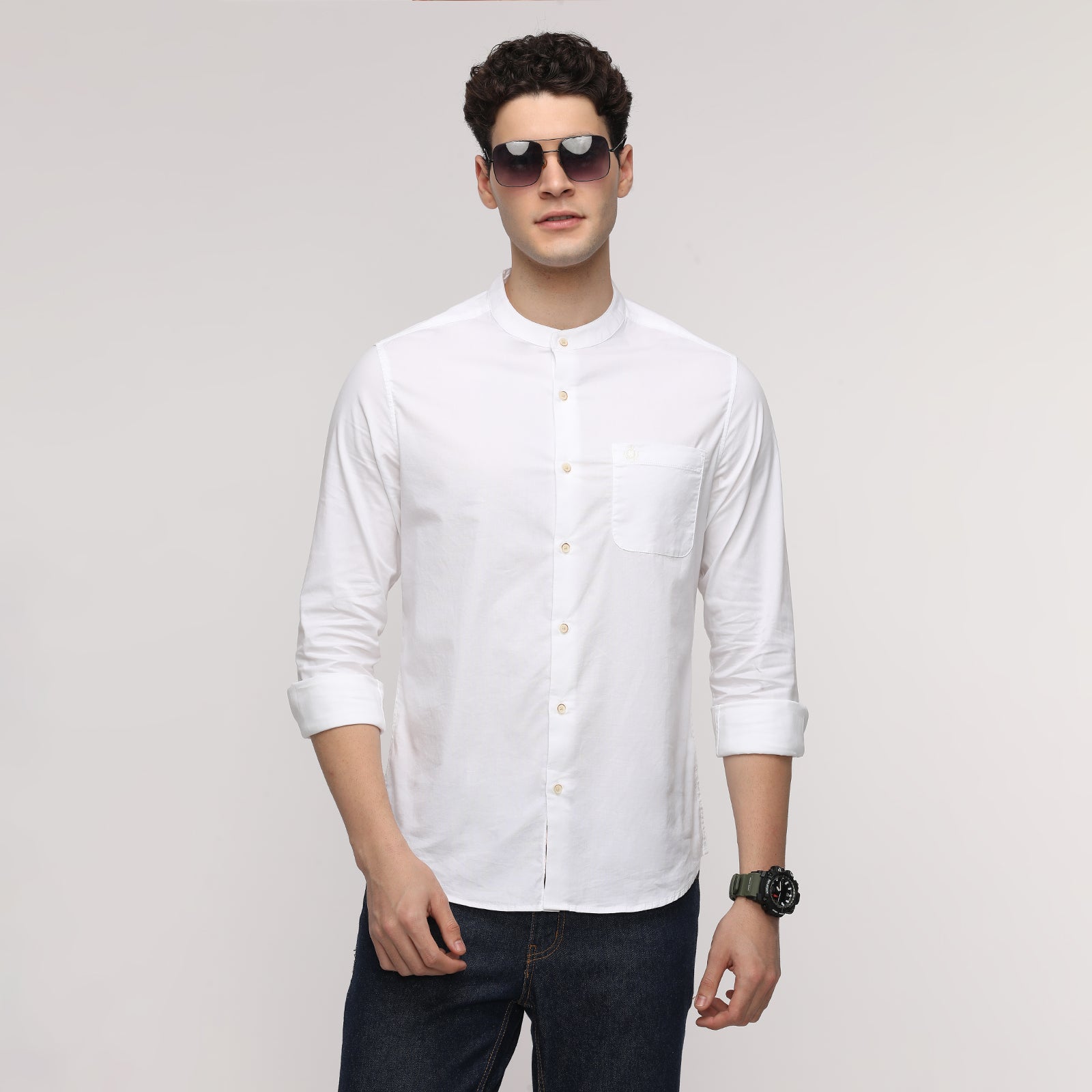 Men's White colored Solid Oxford Fabric Mandarin Full Sleeve Casual Shirt