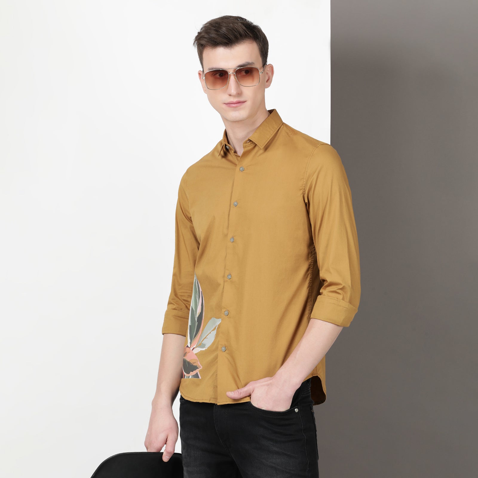 Mustard Solid Printed Full Sleeve Shirt