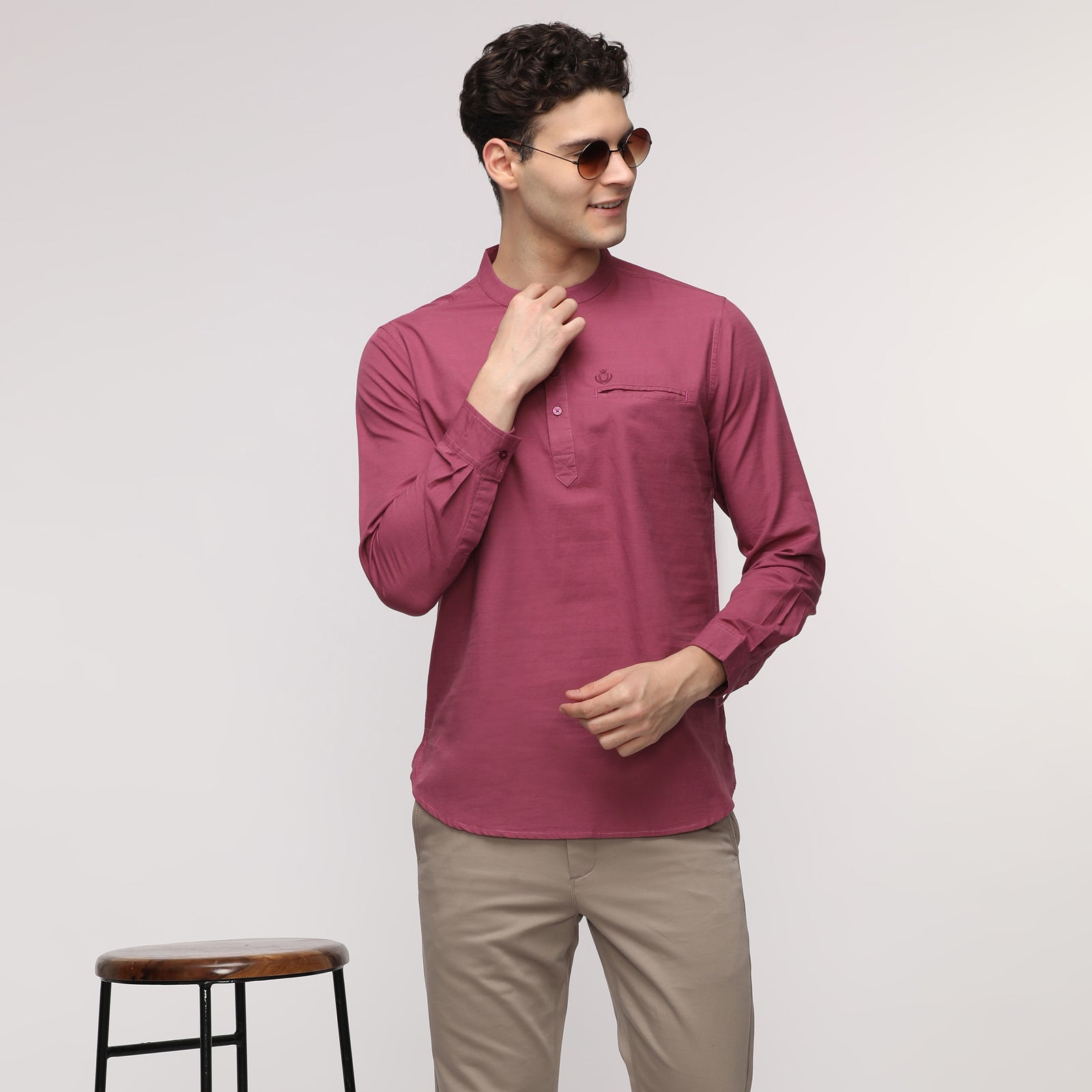 Men's Damson Solid Full Sleeve Short Kurthi