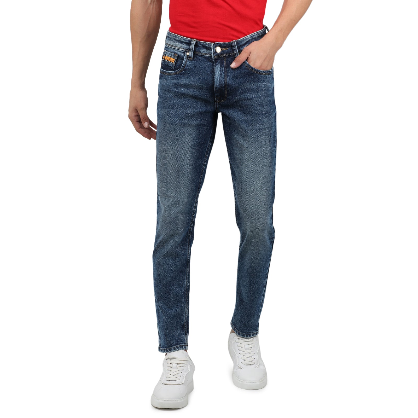 Navy Colored Light Wash Slim Fit Denim Pant