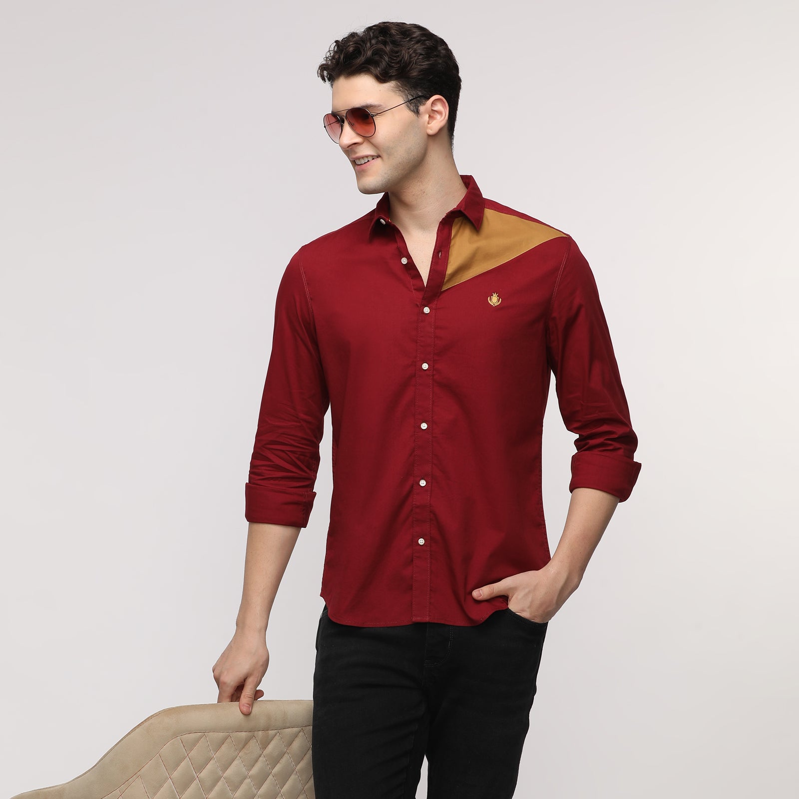 Tibetan Red & Grit Color Solid Block Men's Full Sleeve Casual Shirt