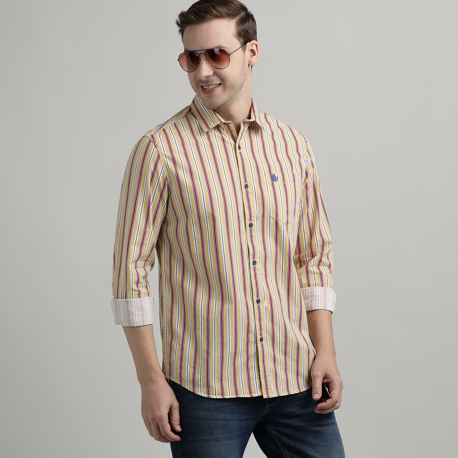 Yellow & Red Striped Full Sleeve Shirt