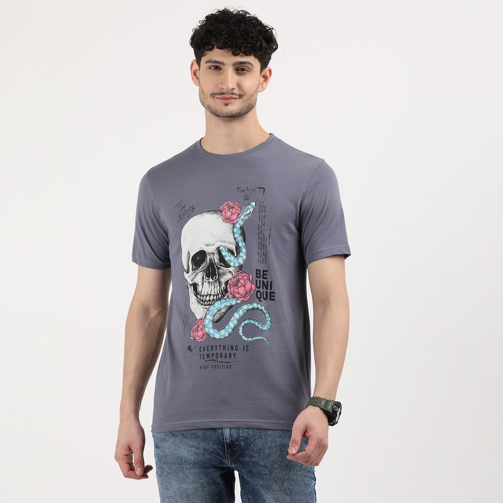 Grisaille Everything is Temporary Skull Print Round Neck T-Shirt