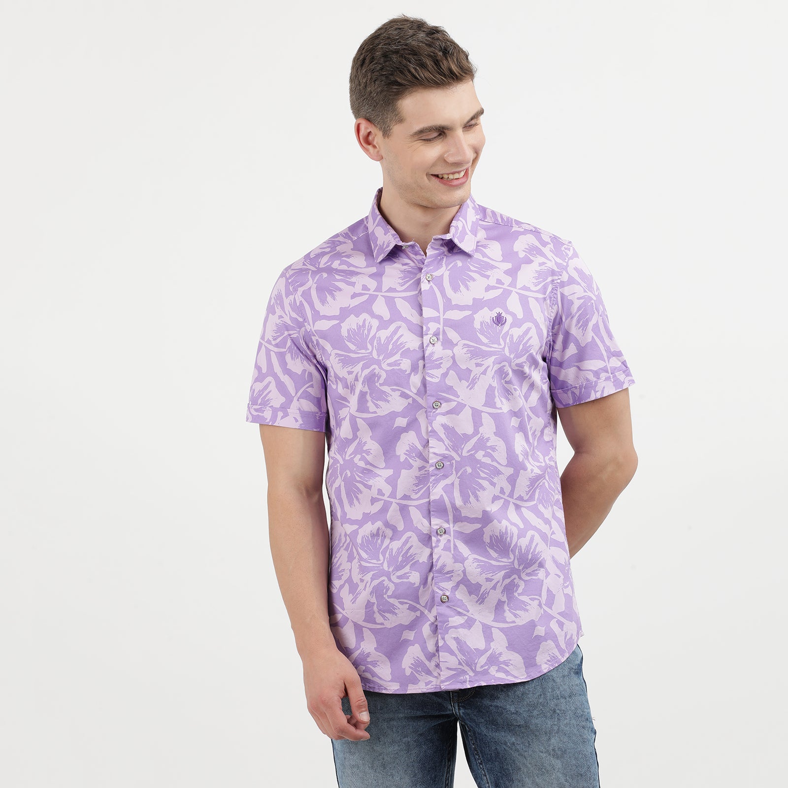 Men's Lilac Floral Print Short Sleeve Shirt