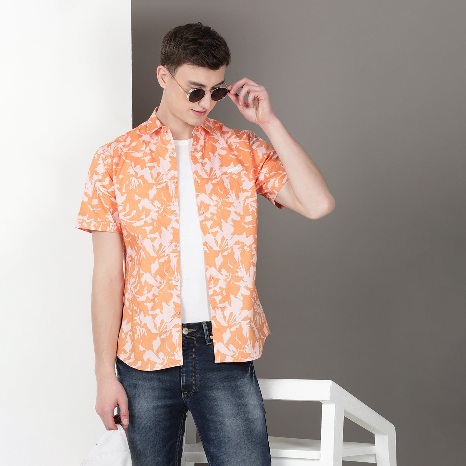 Orange Half Sleeve Floral Printed Shirt