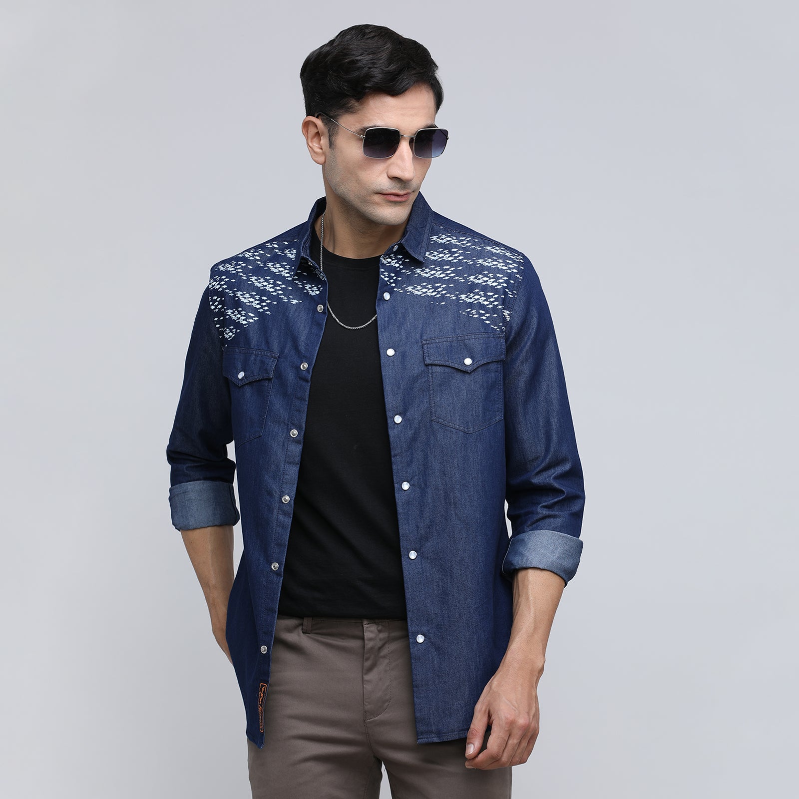 Indo Cotton Men's Printed Denim Full Sleeve Shirt