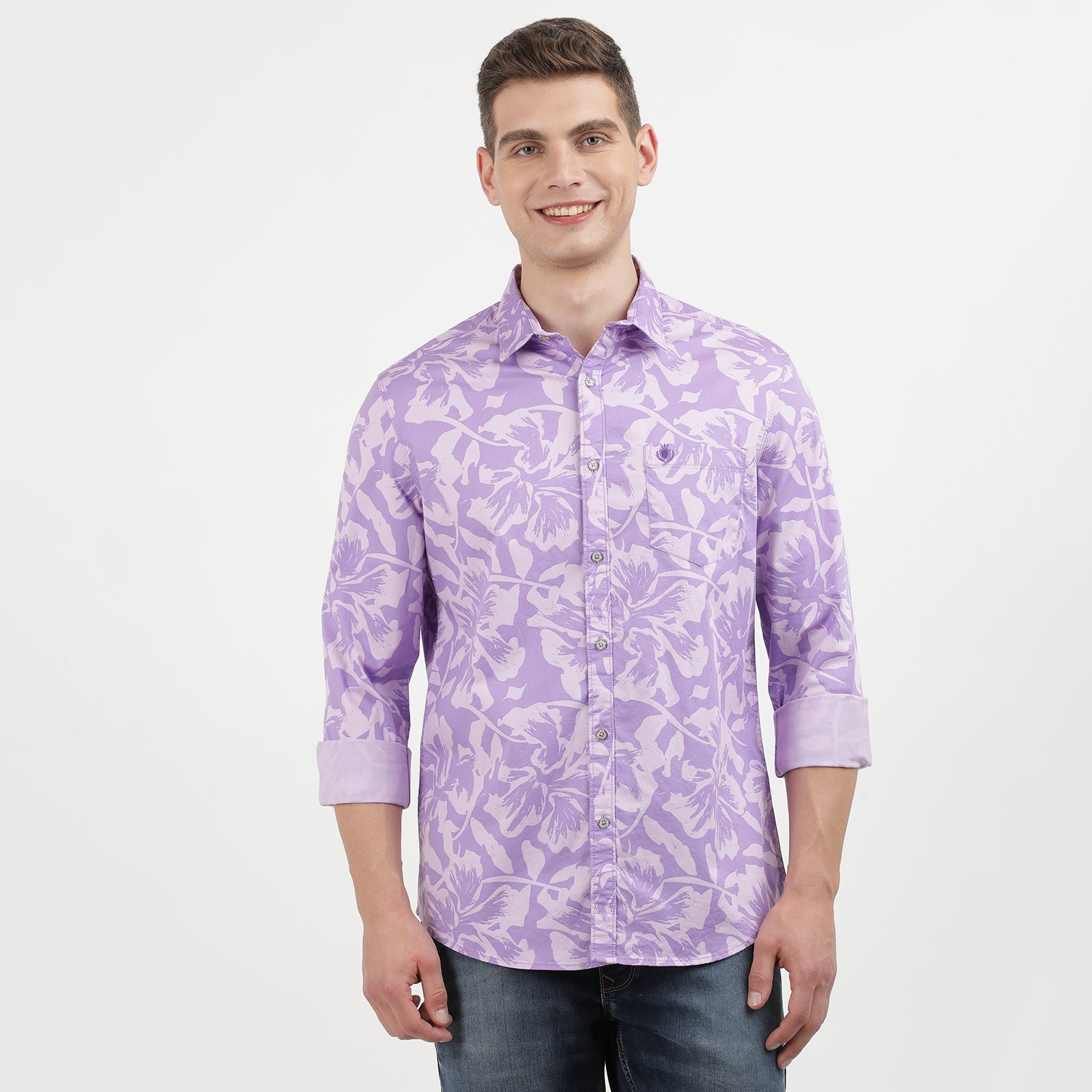 Men's Lilac Floral Print Long Sleeve Shirt