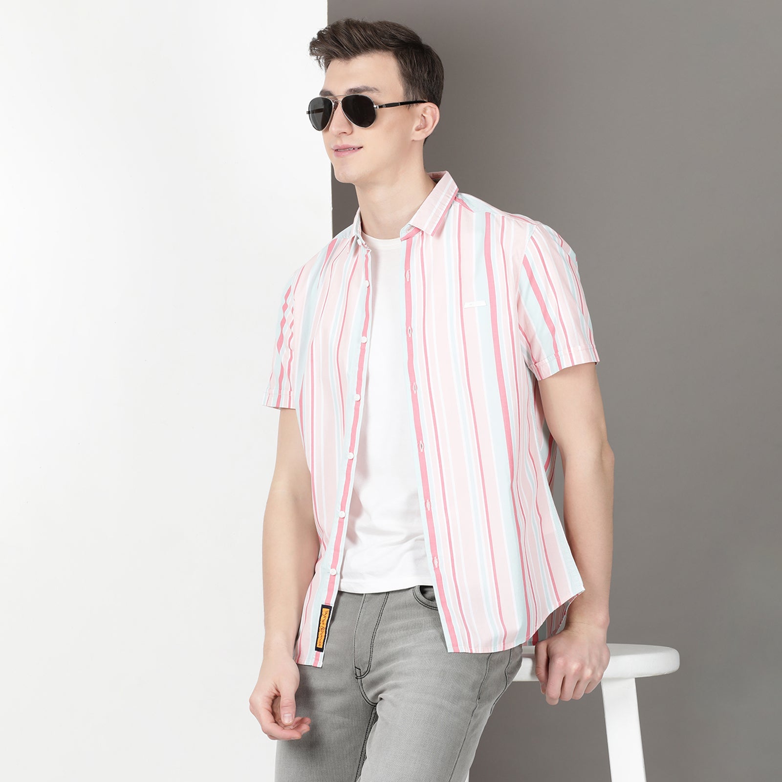 Pink & Green Half Sleeve Stripes Shirt