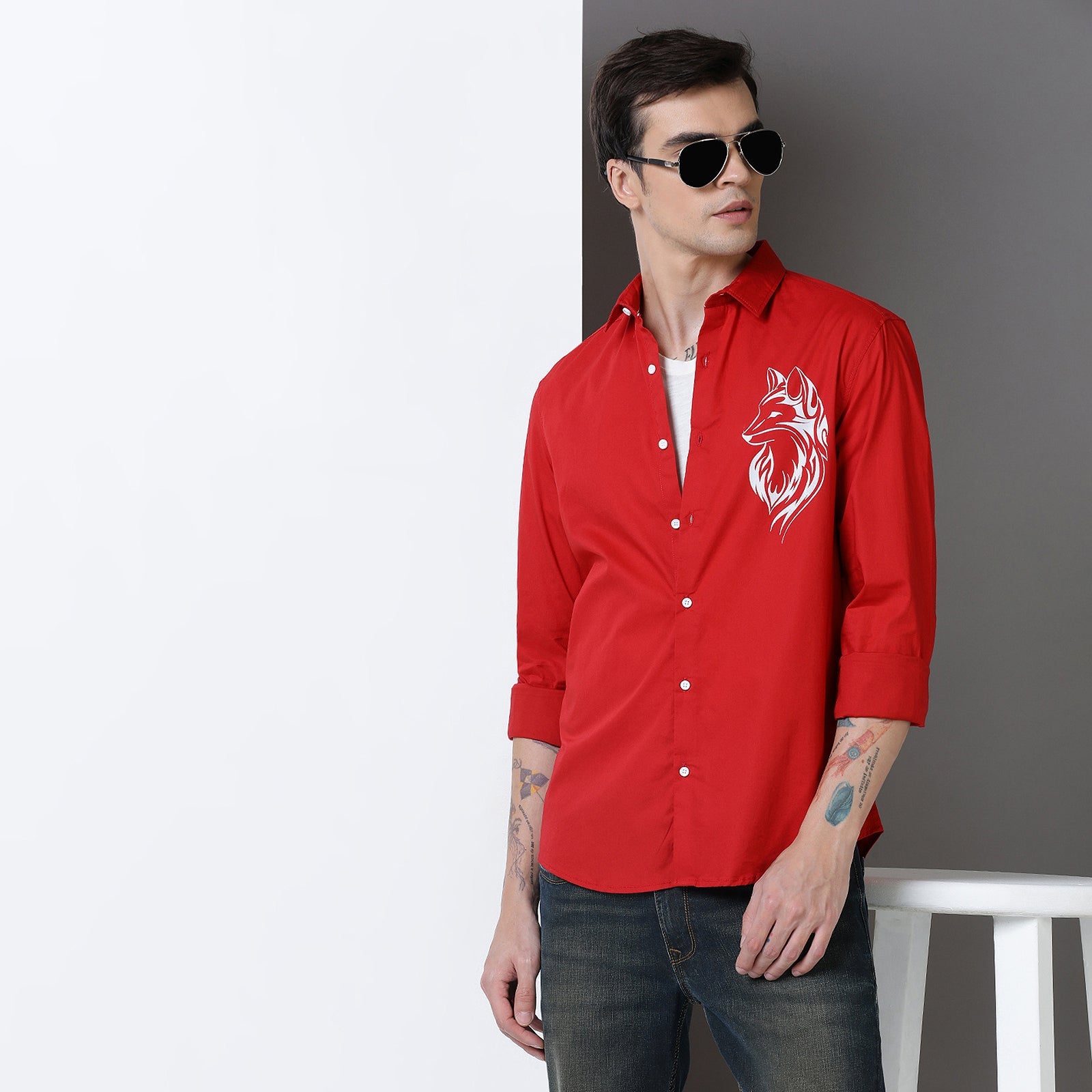 Red Colour With White Print Full Sleeve Shirt