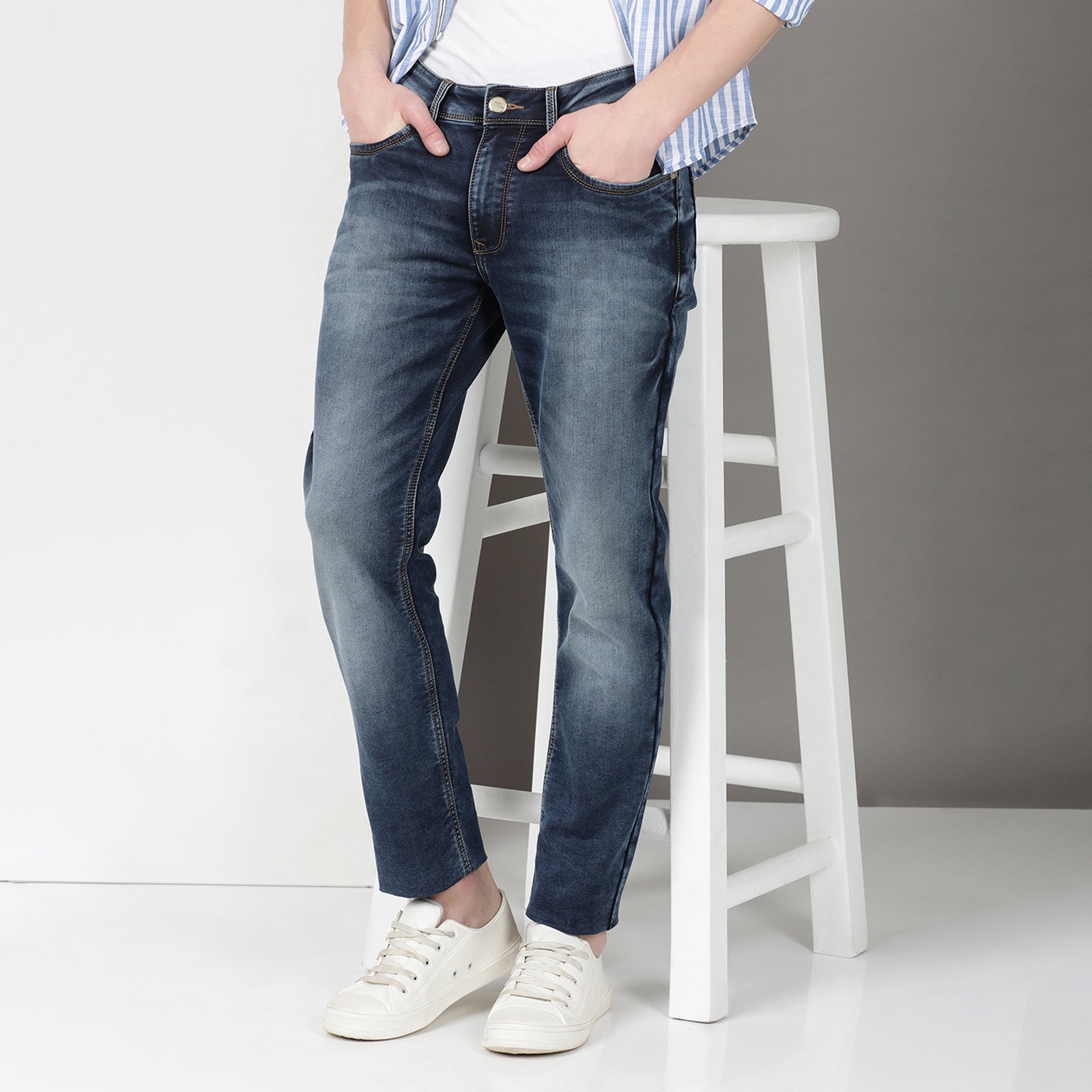 Mid Wash Navy Midrise Slim Fit Jeans