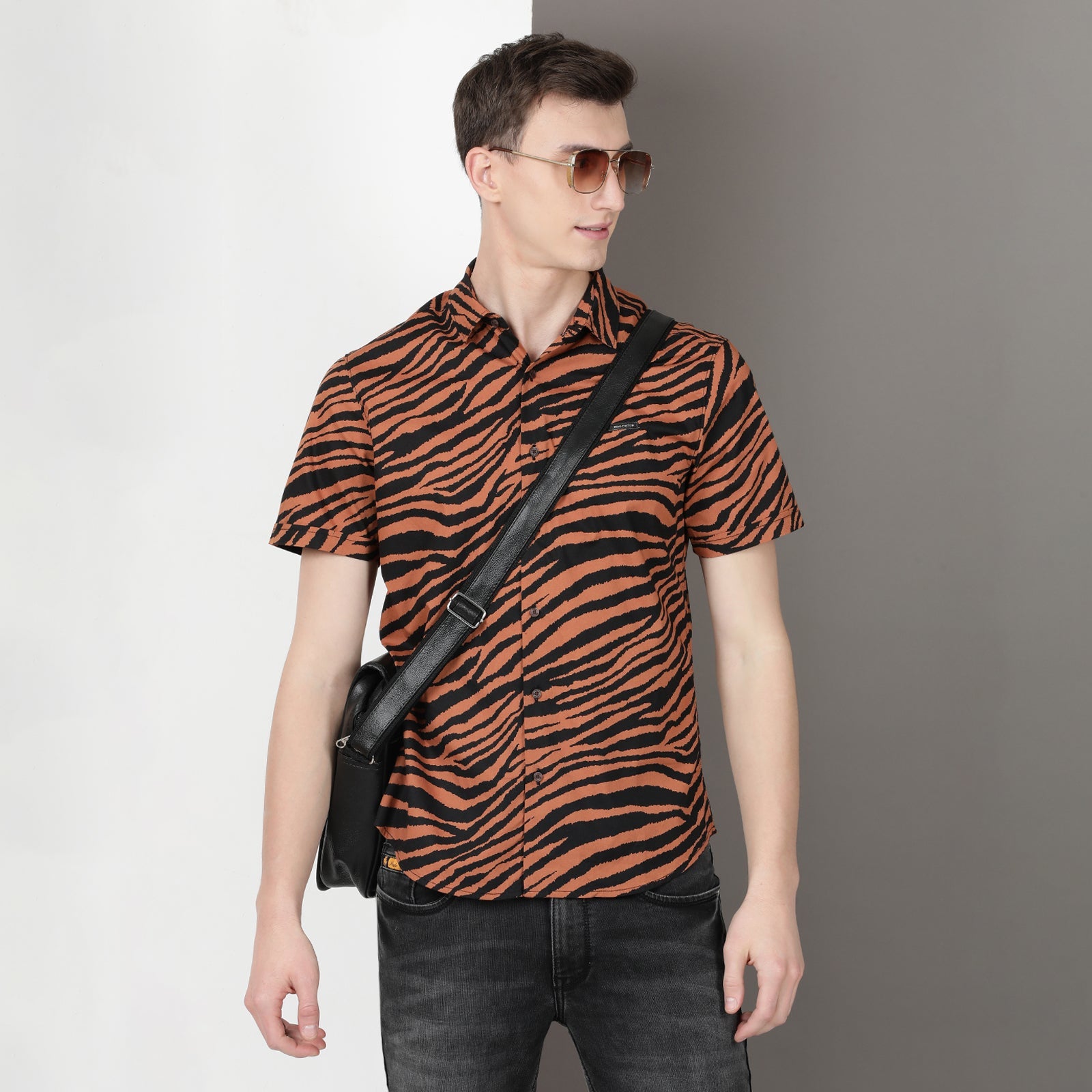 Brown & Black Animal Print Half Sleeve Shirt