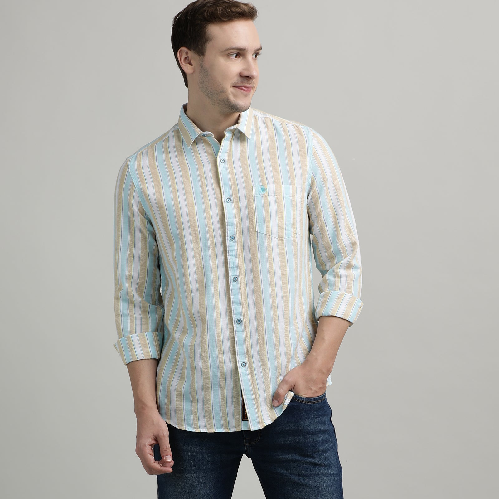 Beige & Blue Striped Full Sleeve Shirt