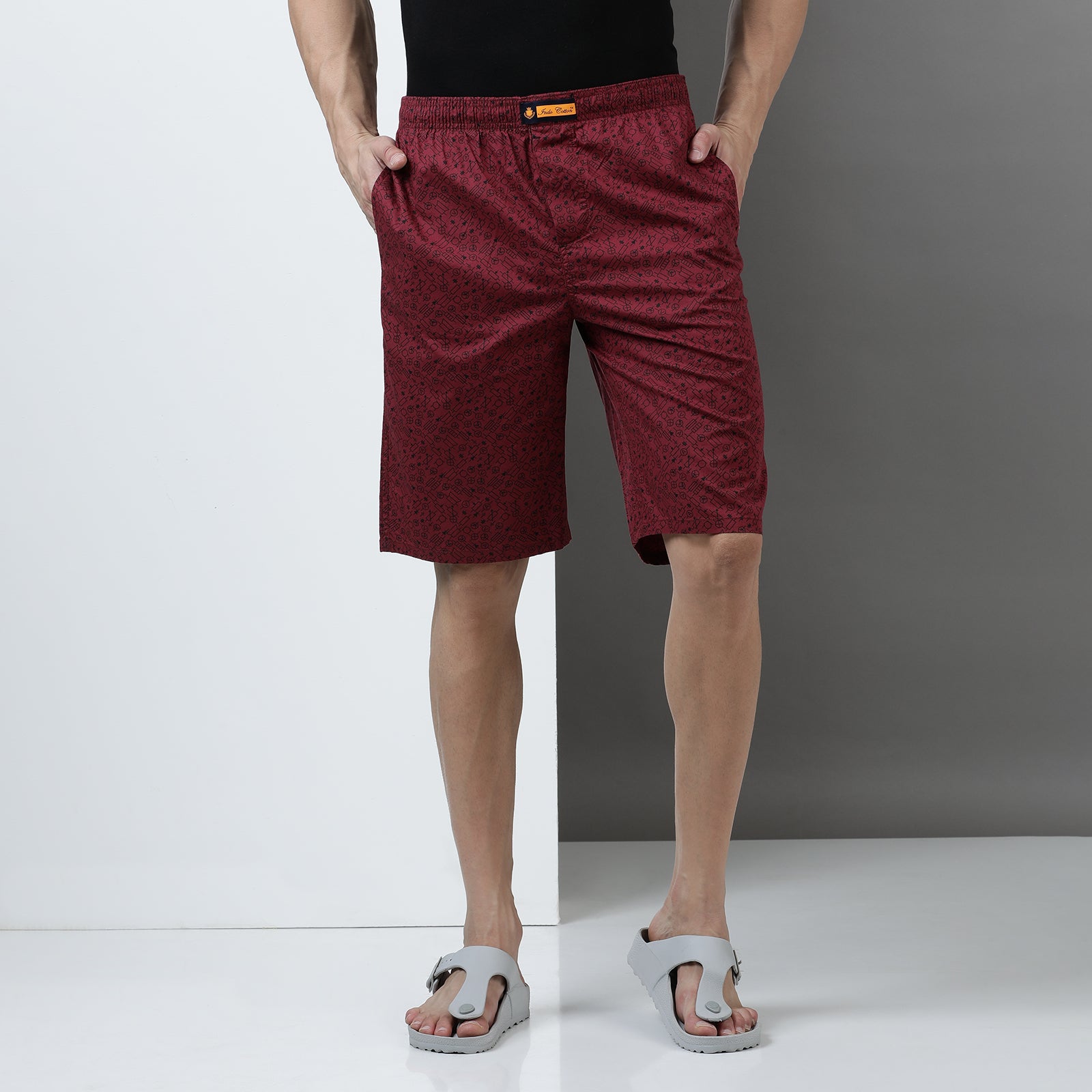 Marron Cotton Printed Long Thigh Shorts