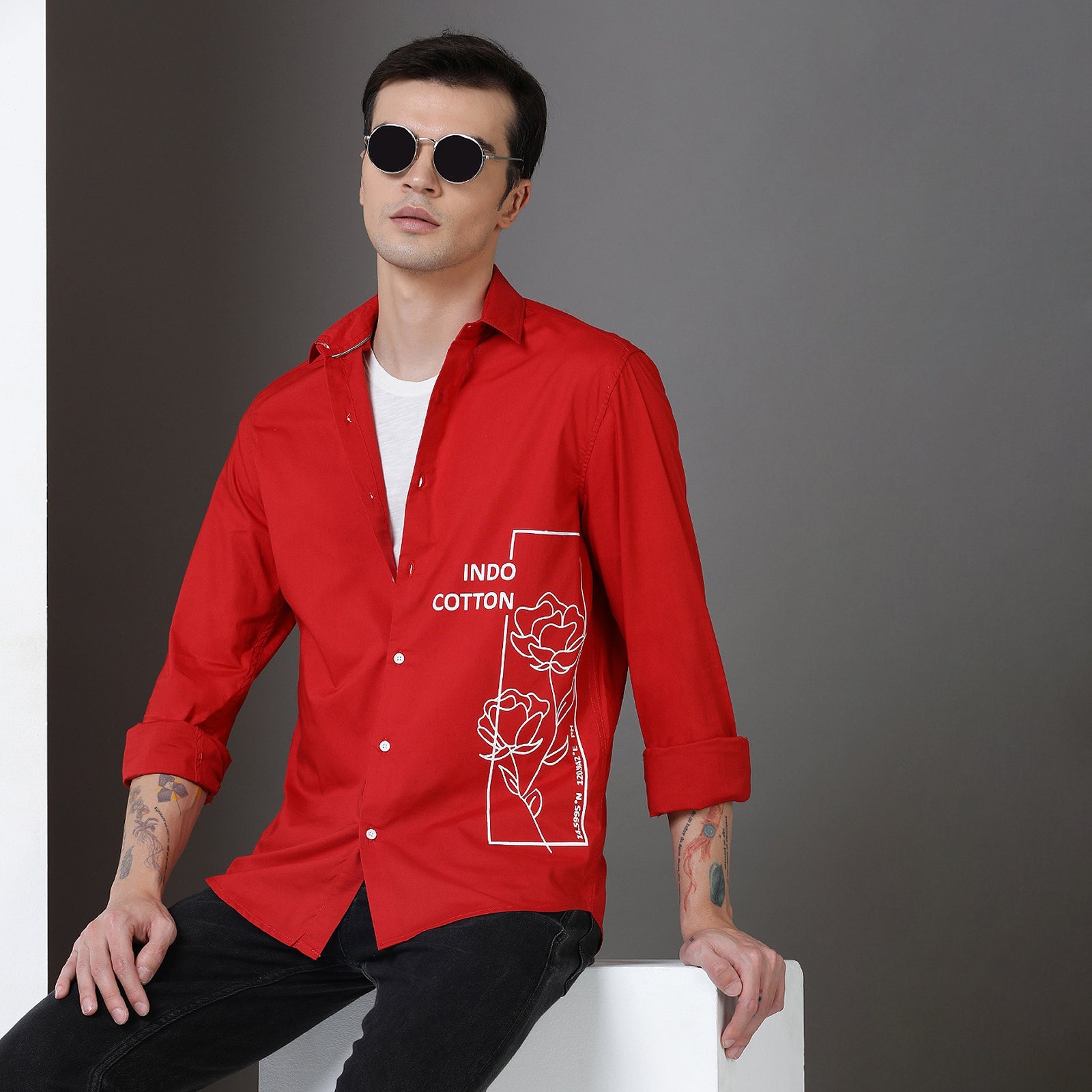 Red Colour With White Print Full Sleeve Shirt