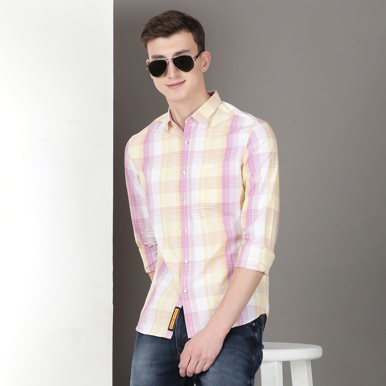 Purple & Yellow Full Sleeve Checks Shirt