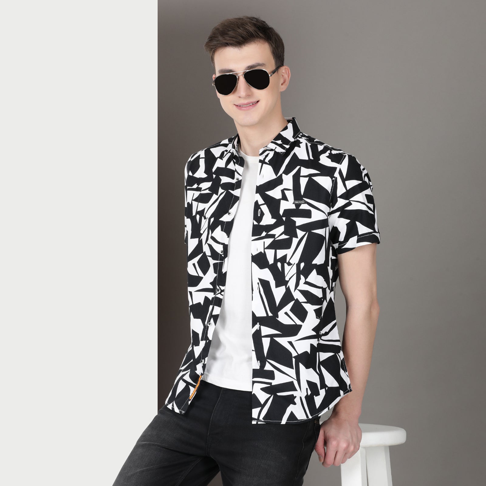 Black & White Geometrical Print Half Sleeve Shirt