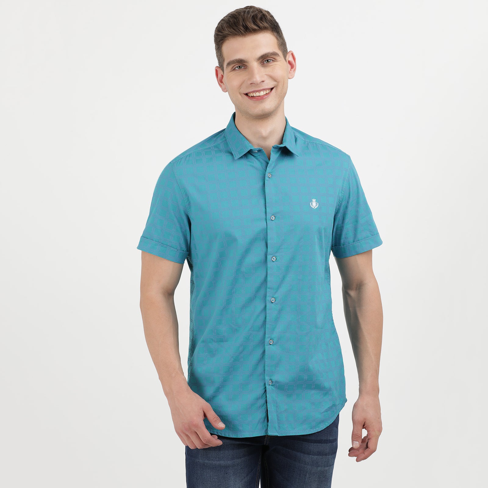 Men's Classic Short Sleeve Teal Button-Up Shirt