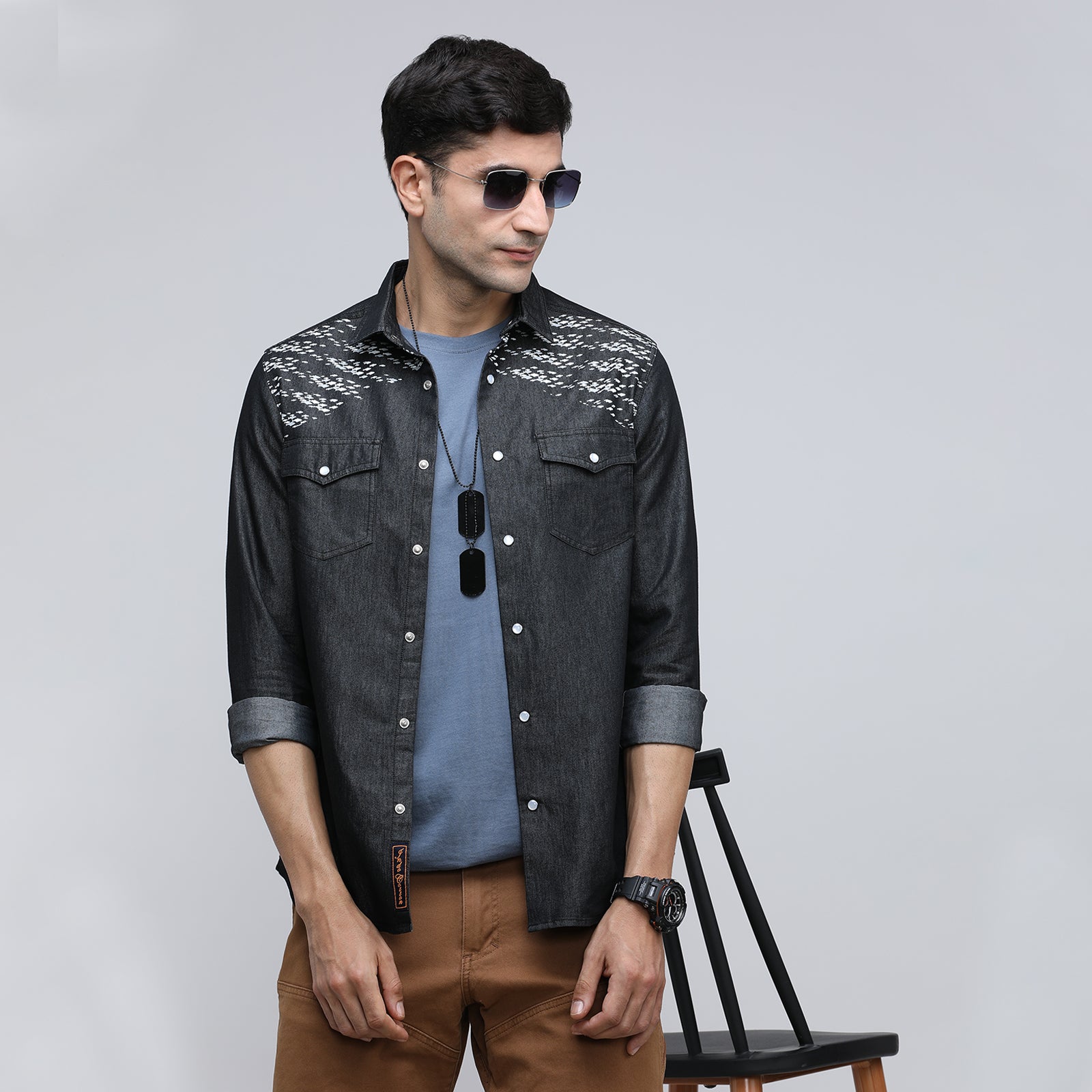 Indo Cotton Men's Printed Denim Full Sleeve Shirt