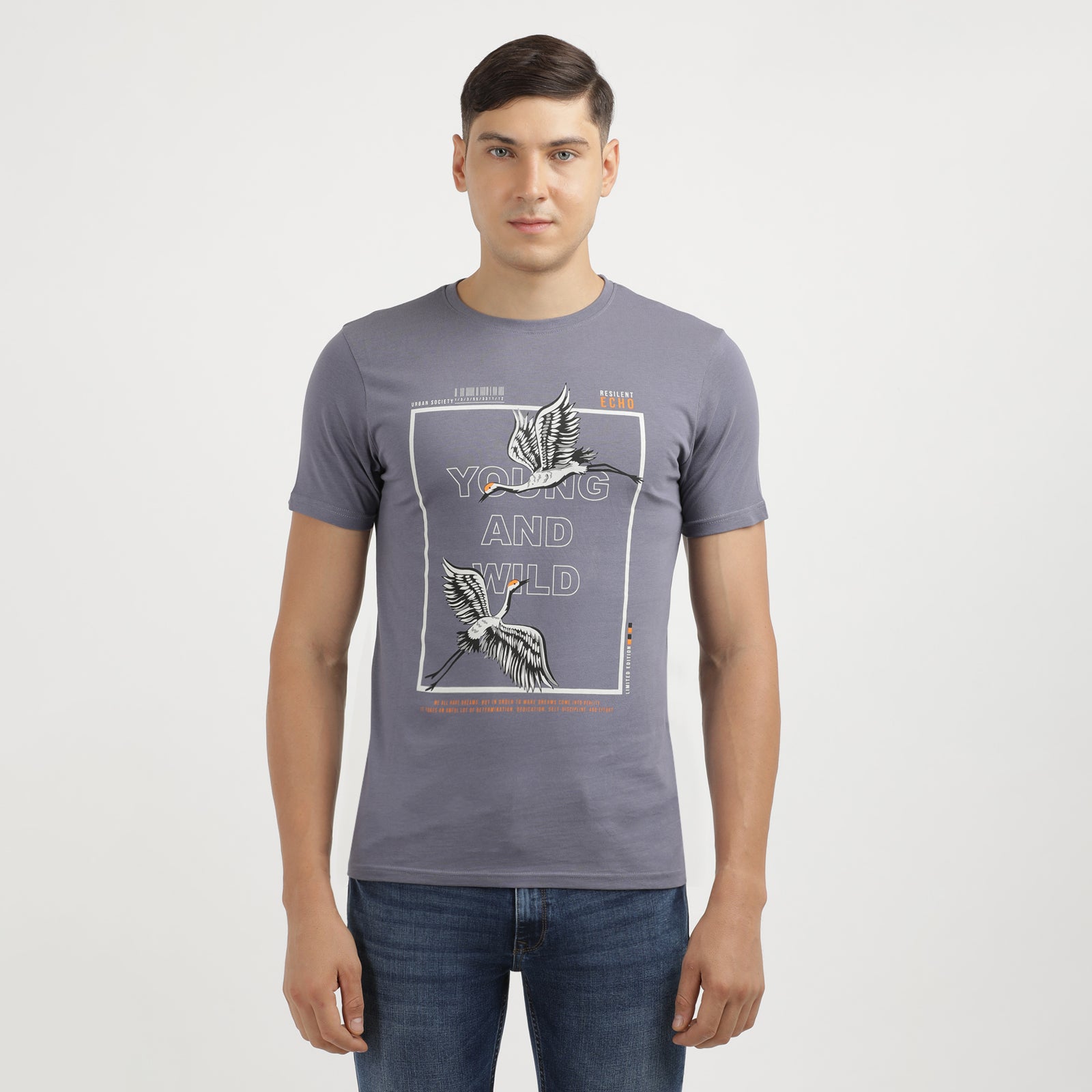 Men's Grisaille Young And Wild  Crew Neck Printed T-Shirt