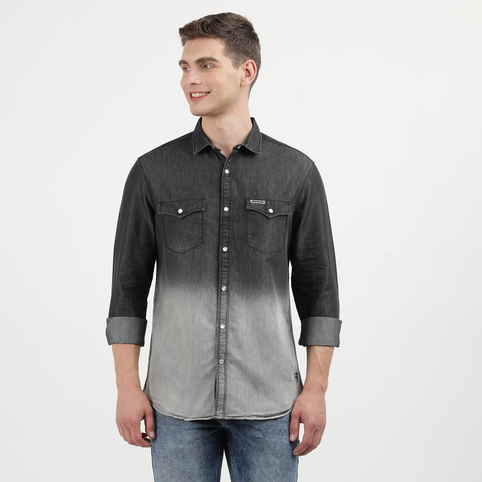 Denim Black Heavy Wash Half and Half Full Sleeve Casual Shirt