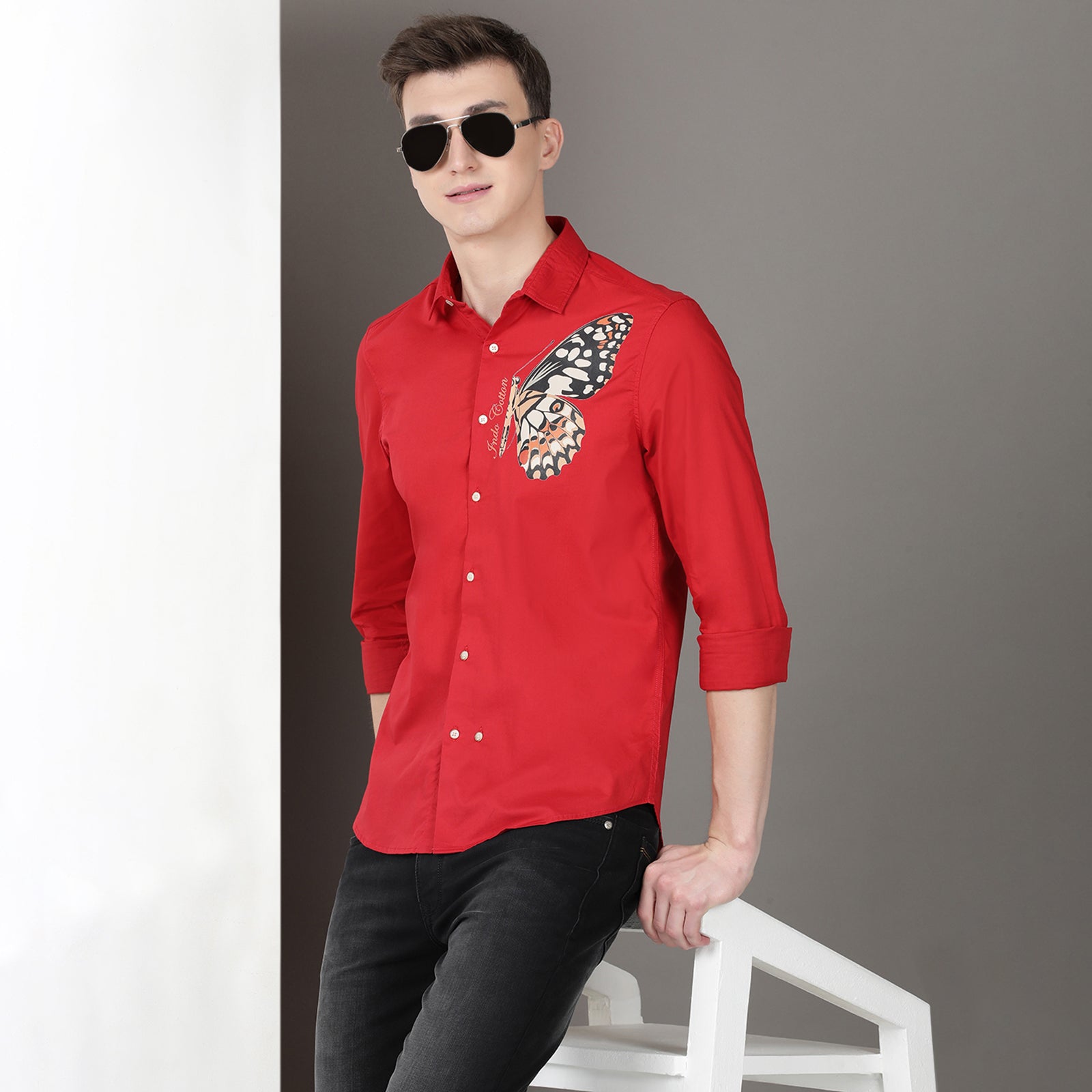 Red Solid Printed Full Sleeve Shirt