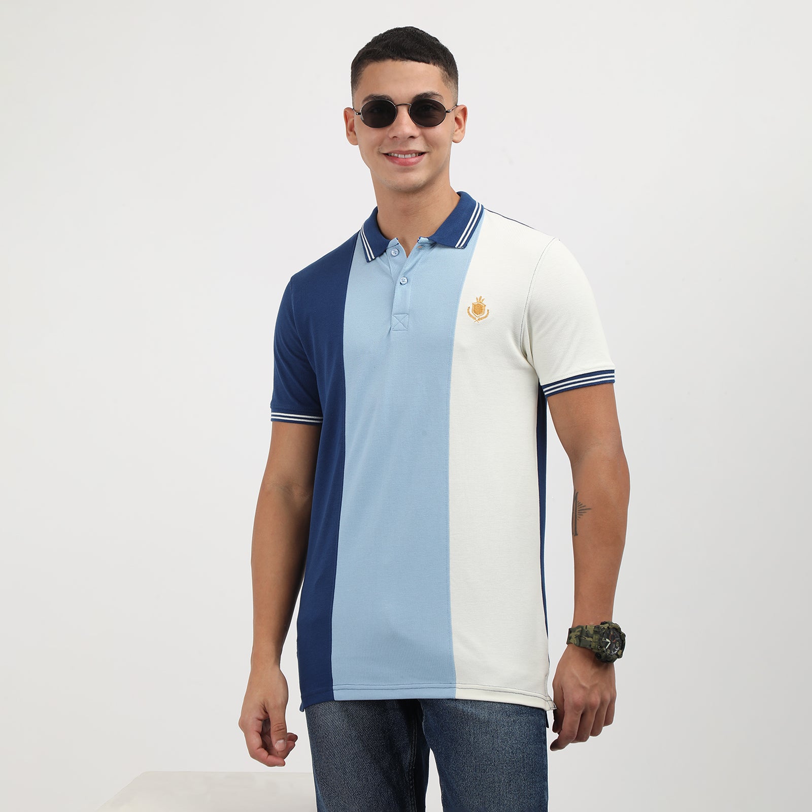 Navy/Powder Blue Men's solid Polo Neck T-shirt