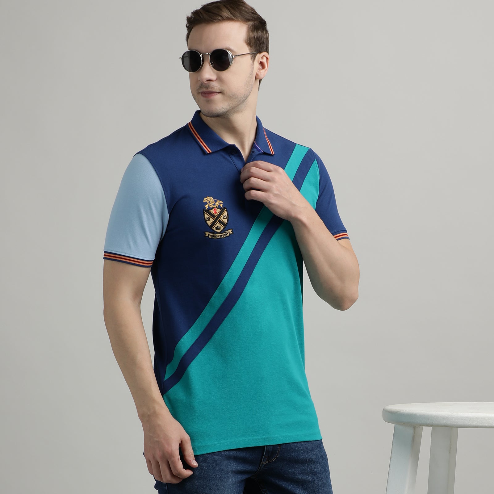 Polo T-Shirt Navy and Blue Grass Cut and Sew