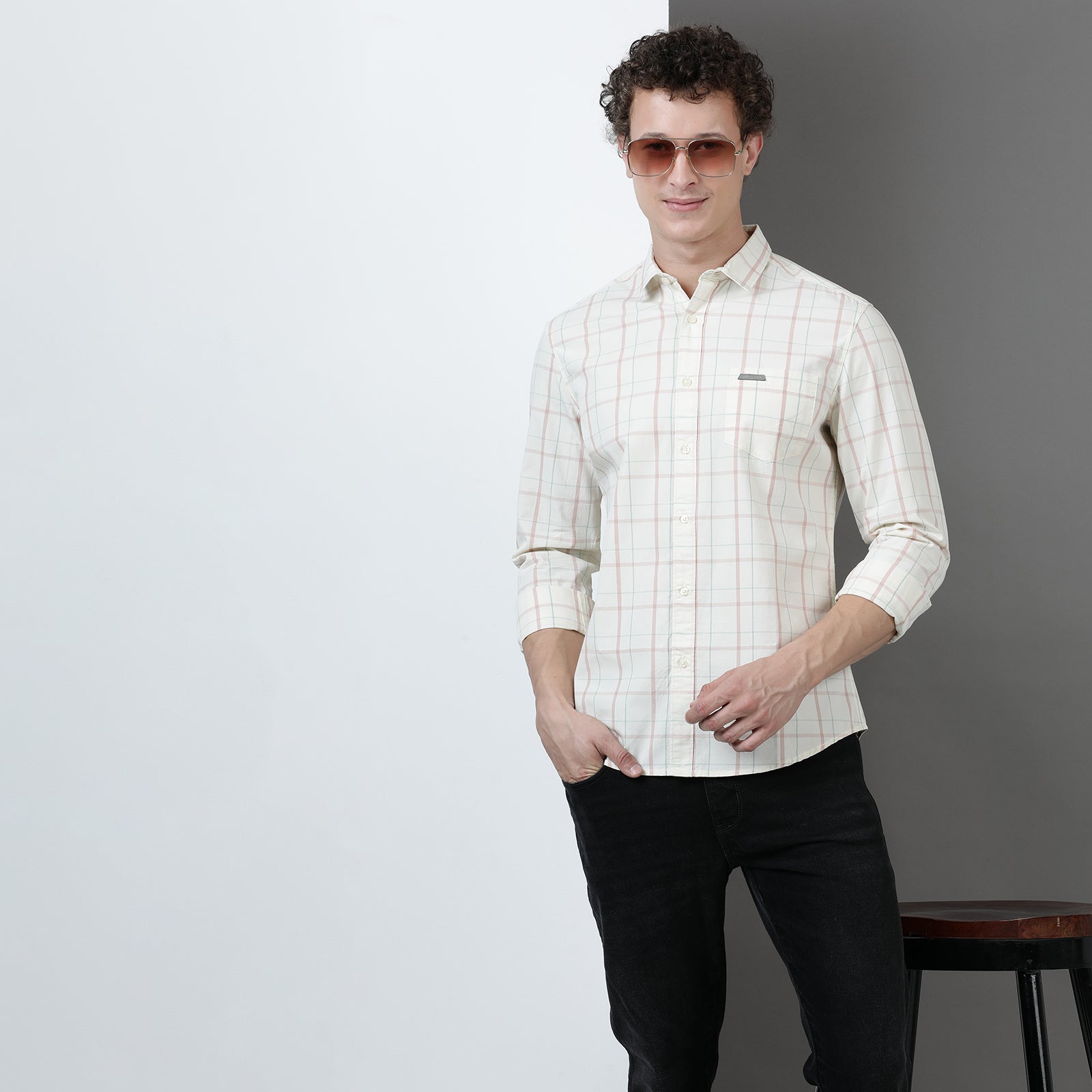 Cream Yarn Dyed Checks Full Sleeve Shirt