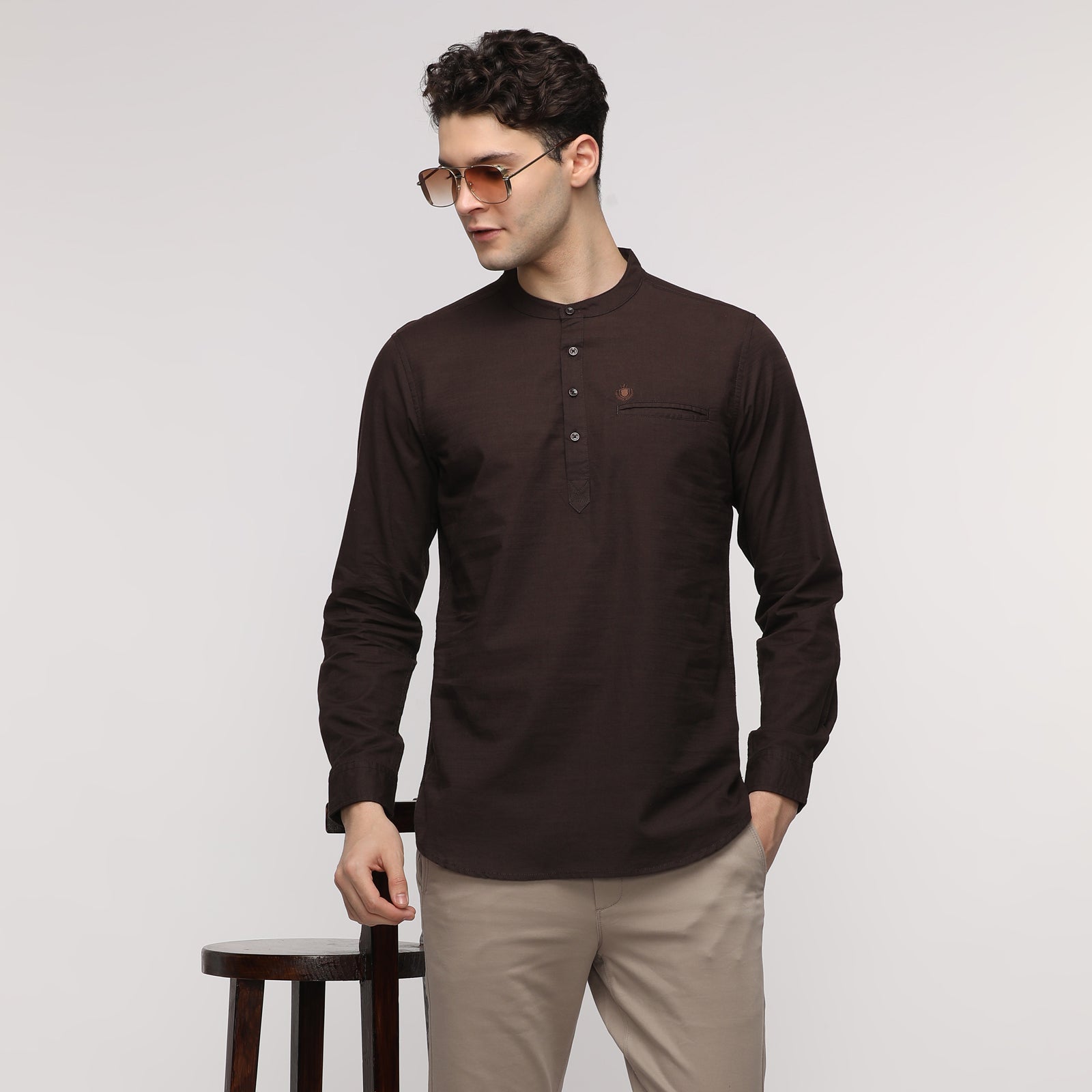 Men's Coffee Solid Full Sleeve Short Kurthi