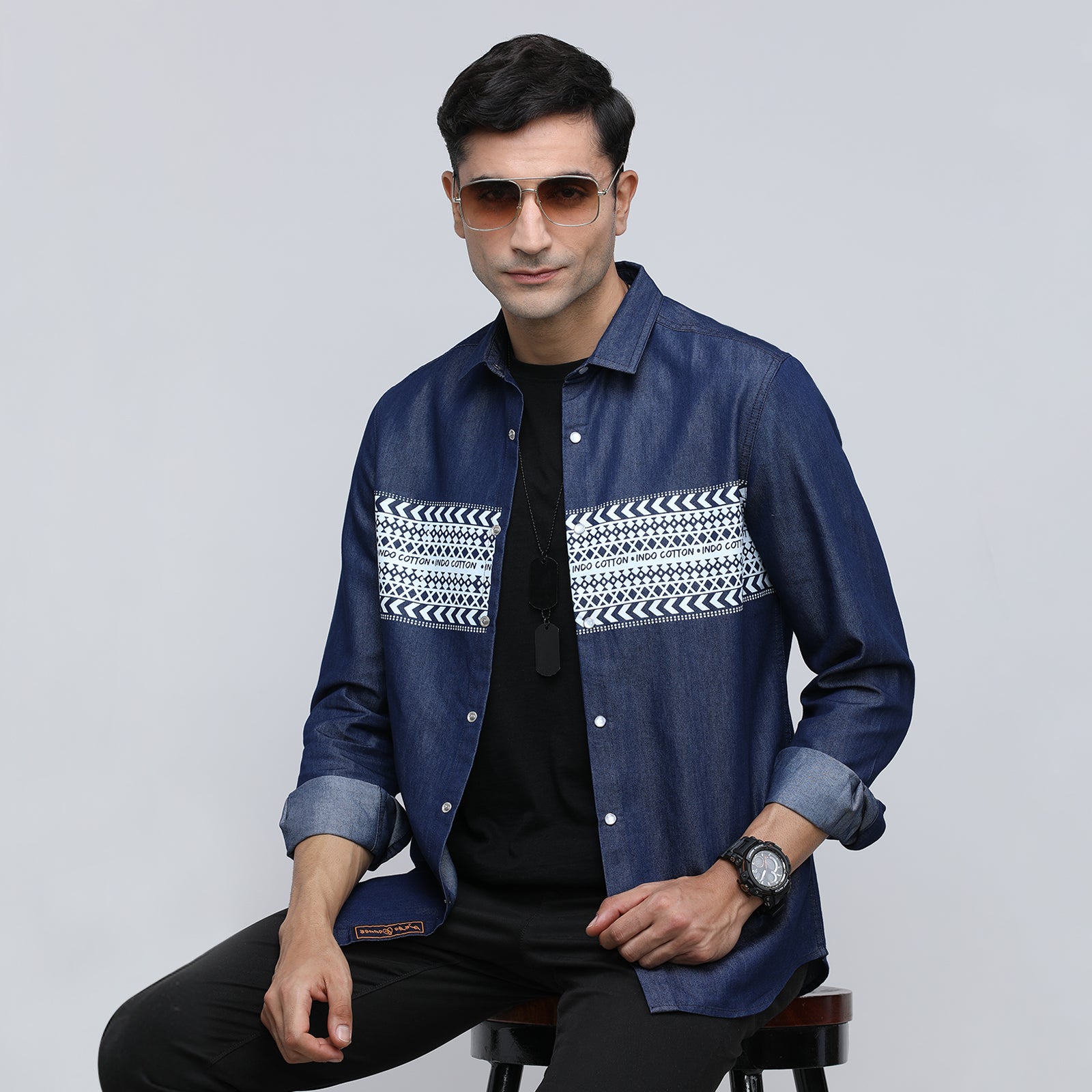 Indo Cotton Men's Denim Printed Full Sleeve Shirt