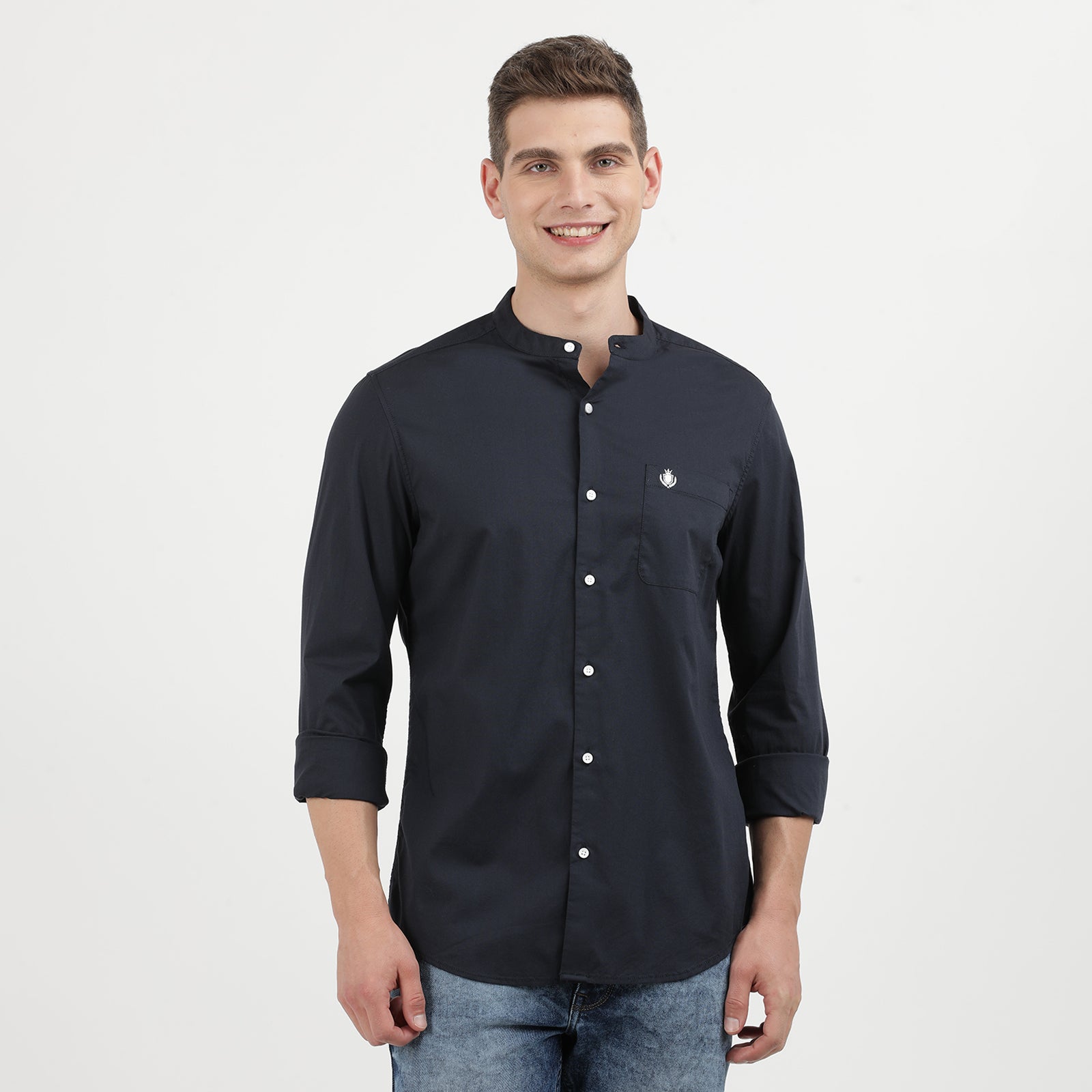 Elegant Dark Navy Mandarin Collar Casual Shirt