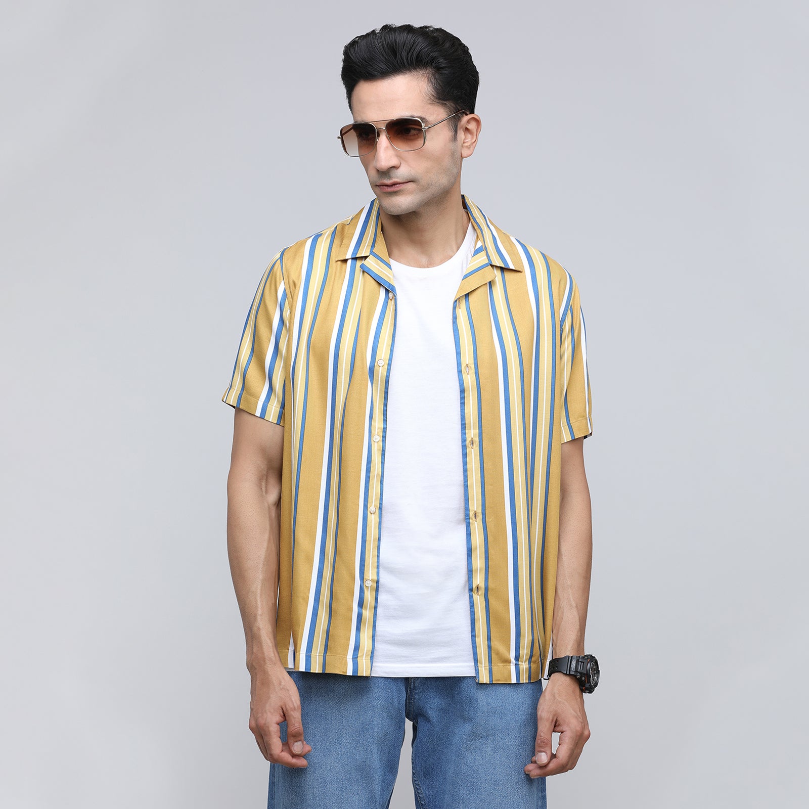 Indo Cotton Men's Striped Half Sleeve Shirt