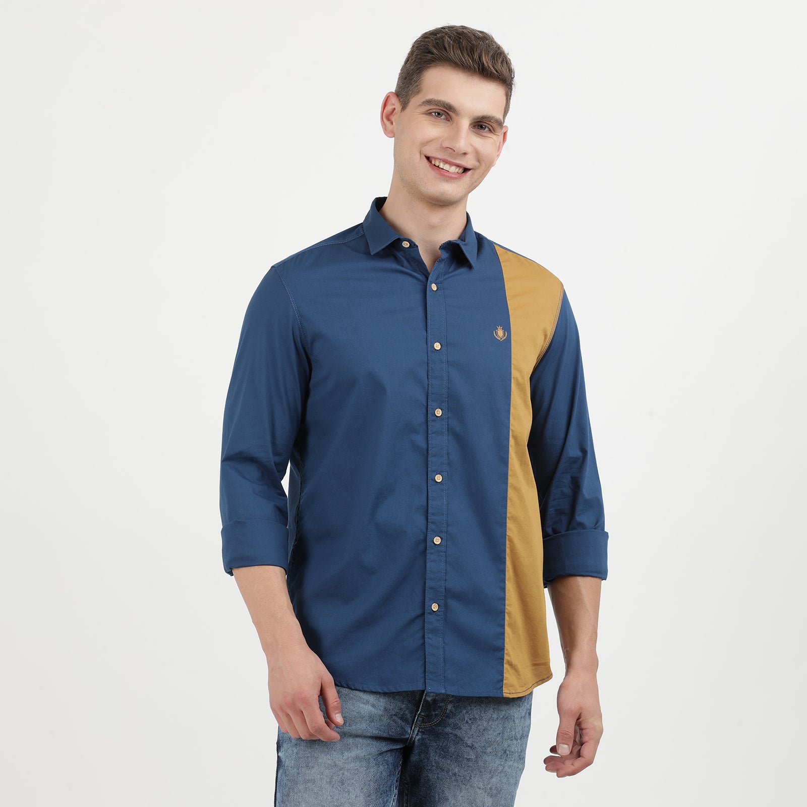 Poseidon Blue and Grit Colored Cut and Sew Full Sleeve Casual Shirt