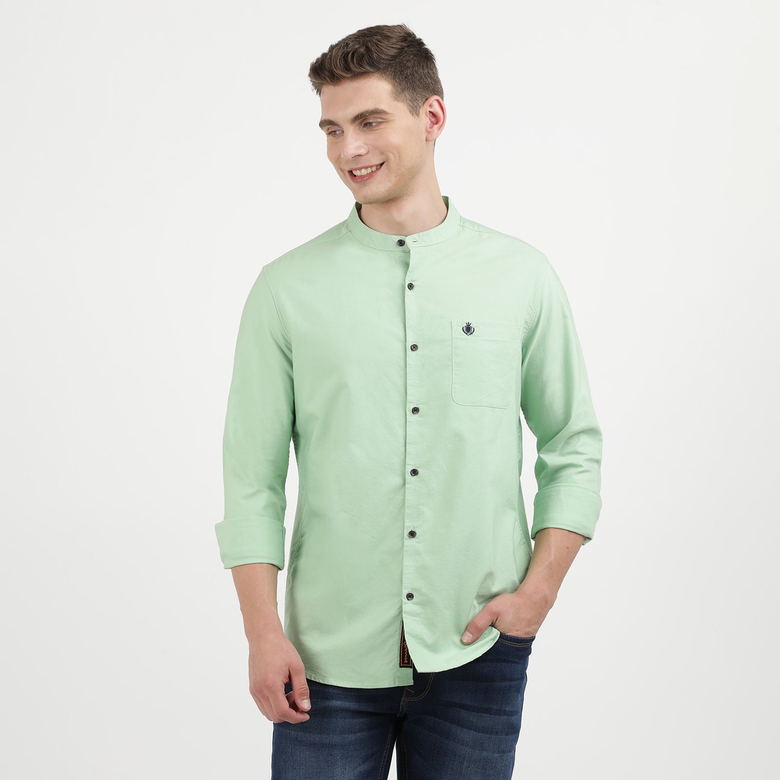 Green Solid Oxford Fabric Mandarin Collar Full Sleeve Casual Shirt