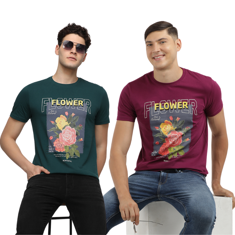 Men's Flower make It Natural Crew Neck Graphic Printed T-Shirt Pack Of 2