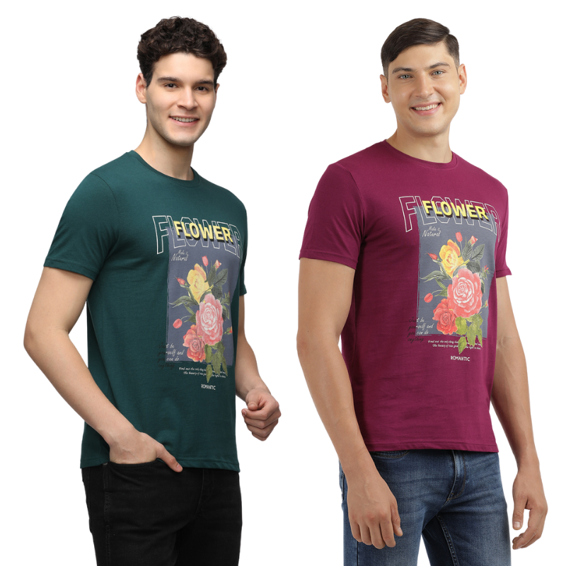 Men's Flower make It Natural Crew Neck Graphic Printed T-Shirt Pack Of 2