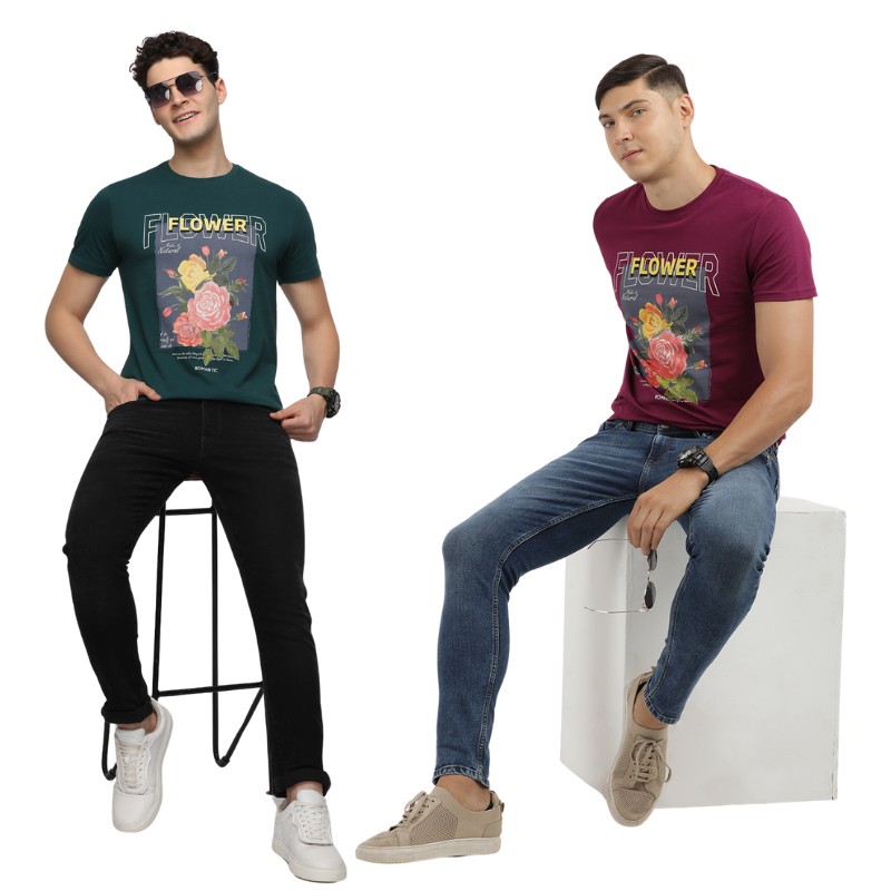 Men's Flower make It Natural Crew Neck Graphic Printed T-Shirt Pack Of 2