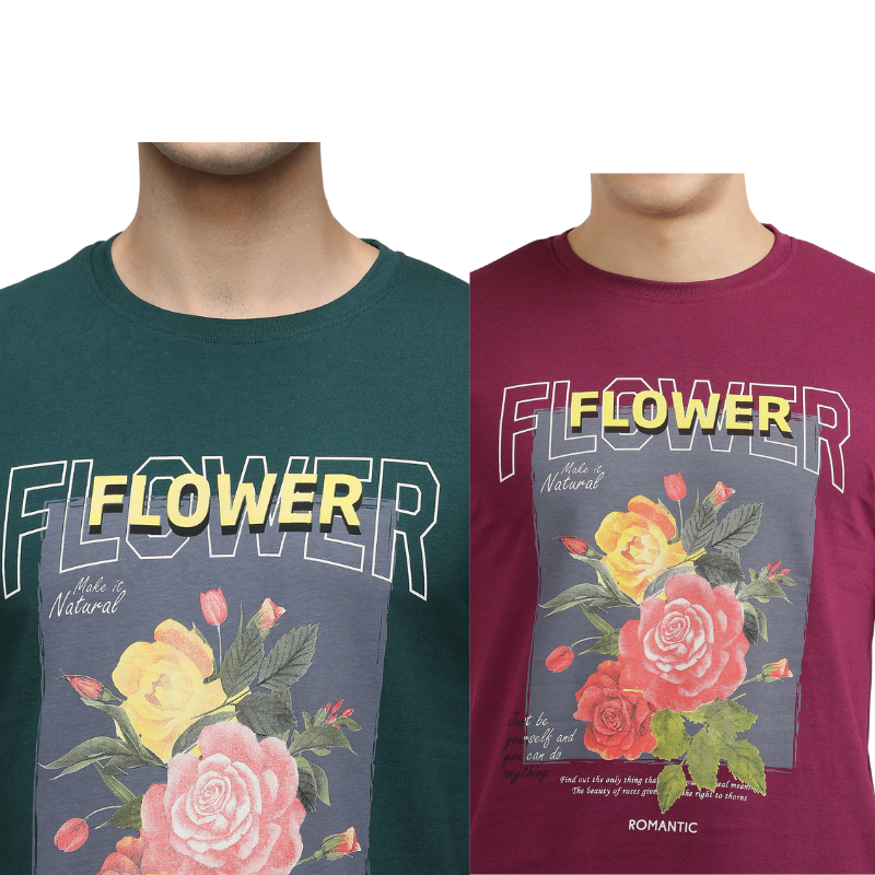 Men's Flower make It Natural Crew Neck Graphic Printed T-Shirt Pack Of 2