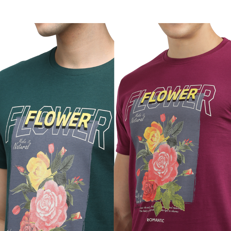 Men's Flower make It Natural Crew Neck Graphic Printed T-Shirt Pack Of 2