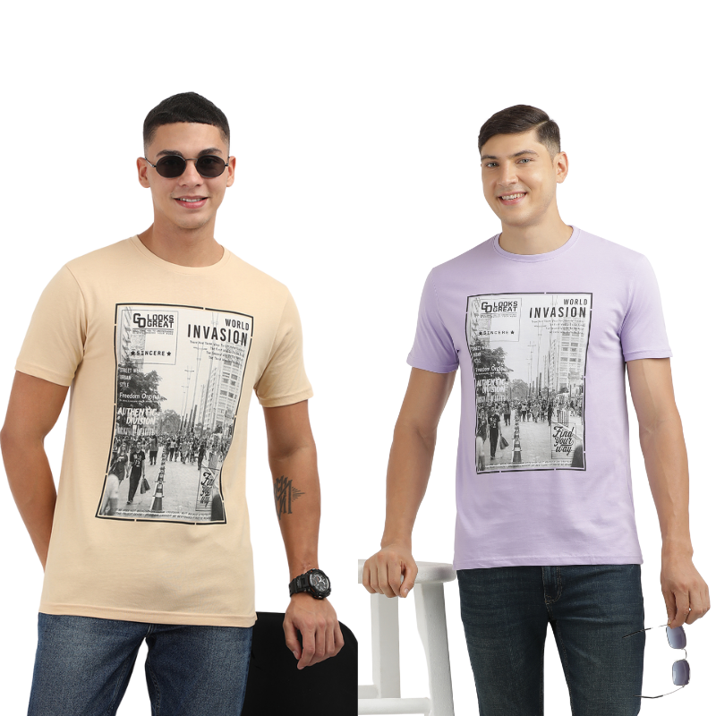 Men's World Invasion Find Your Way Round Neck Printed T-Shirt Pack of 2