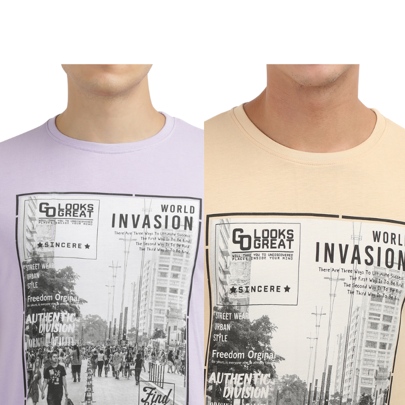 Men's World Invasion Find Your Way Round Neck Printed T-Shirt Pack of 2