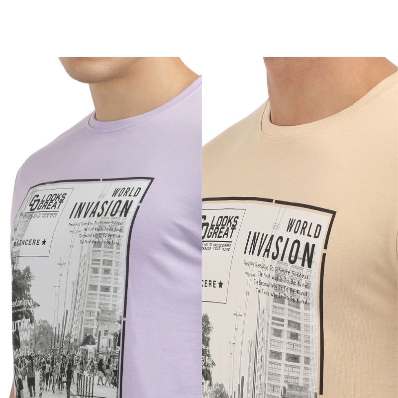 Men's World Invasion Find Your Way Round Neck Printed T-Shirt Pack of 2