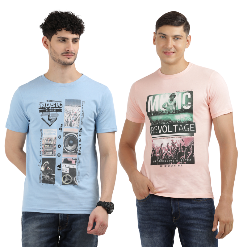 Men's Vintage Music Festival & Music Revolt age Crew Neck T-Shirt Pack Of 2