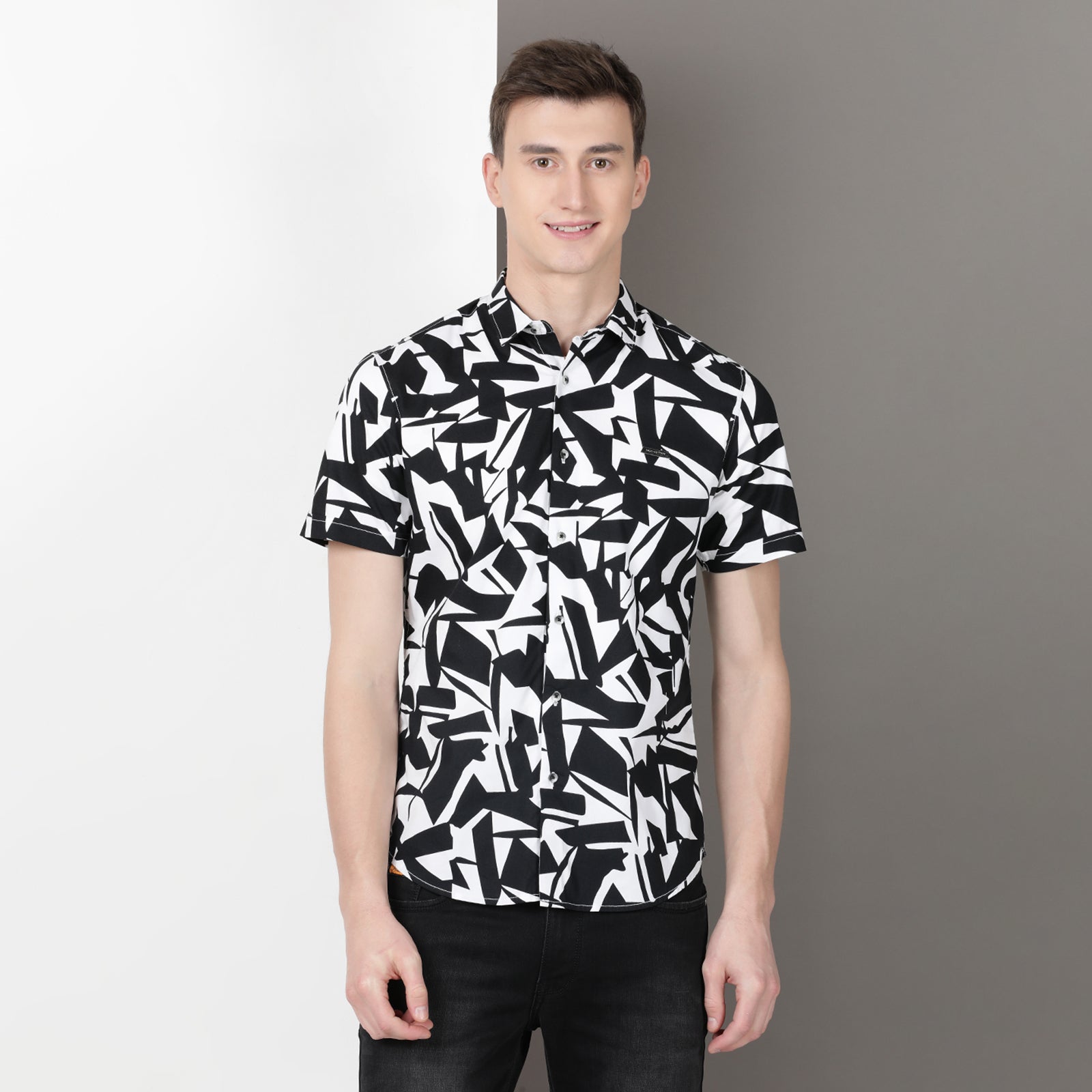 Black & White Geometrical Print Half Sleeve Shirt