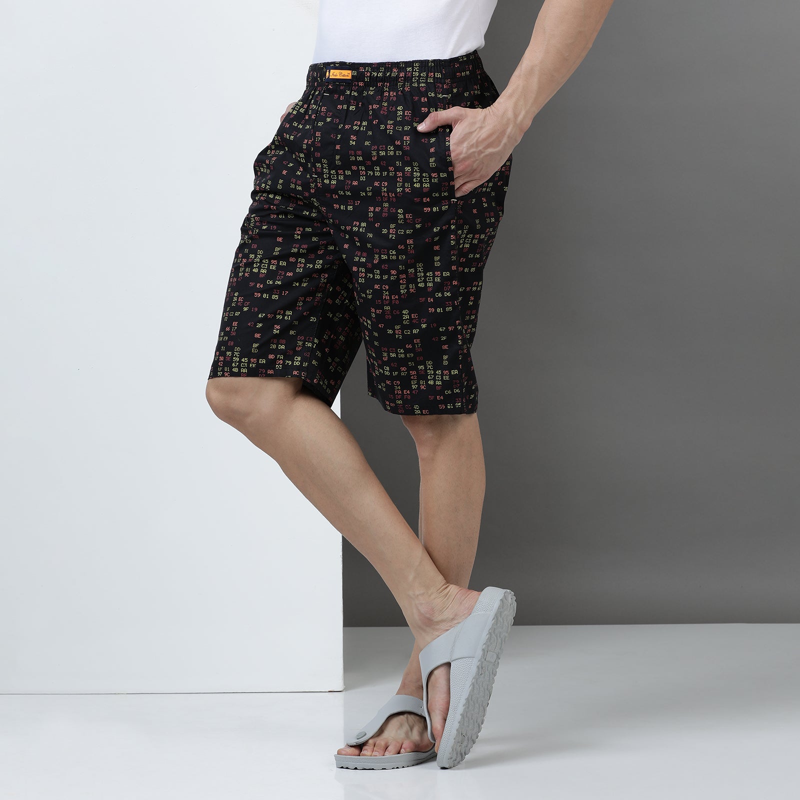 Black Cotton Printed Long Thigh Shorts